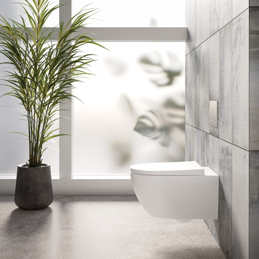 lifestyle image of catalano sfera wall hung toilet with wrapover seat sf55wcpk